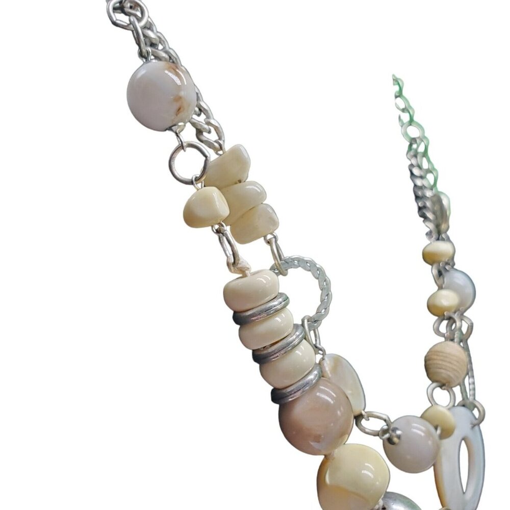 Signed NY Necklace Double Strand 20"+3" Silver Tone Pink Beige Bead Statement - Picture 4 of 5
